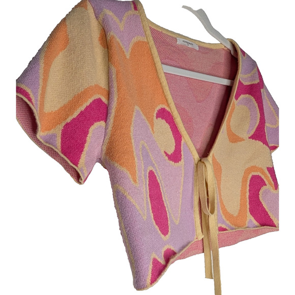 Pepper Mayo On the Record Psychedelic Boho Retro Crop Knit Tie Front Top M/L - Picture 6 of 11